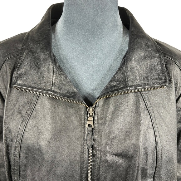 Genuine Leather Jacket Plus 16-18W Black Full Zip Lined Minimalist Patina Retro - Picture 8 of 15
